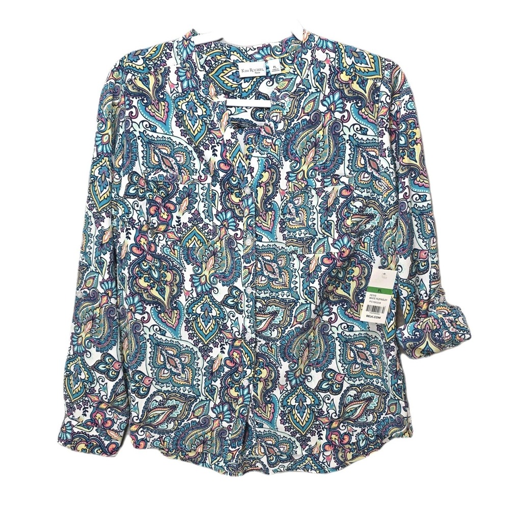 New Paisley Blouse Top Womens PL Multicolor Roll Tab Long Sleeve Vneck Colorful